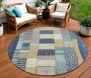 HomeRoots 5' Geometric Indoor Outdoor Area Rug in Navy, Beige, and Ivory – Stylish, Washable, and Durable! 8' Round 627286