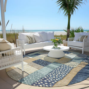 HomeRoots 5' Geometric Indoor Outdoor Area Rug in Navy, Beige, and Ivory – Stylish, Washable, and Durable! 8' Round 627286