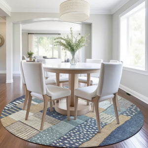 HomeRoots 5' Geometric Indoor Outdoor Area Rug in Navy, Beige, and Ivory – Stylish, Washable, and Durable! 8' Round 627286