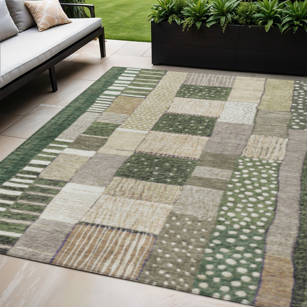 HomeRoots 5' Olive Green Beige Ivory Geometric Area Rug - Durable, Washable, Stylish for Indoor & Outdoor Use 5' X 8' 627291