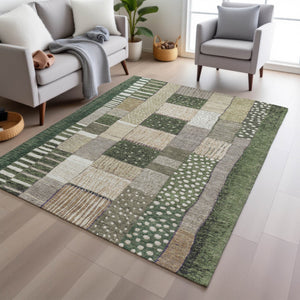 HomeRoots 5' Olive Green Beige Ivory Geometric Area Rug - Durable, Washable, Stylish for Indoor & Outdoor Use 5' X 8' 627291