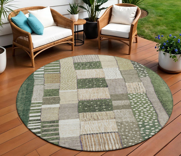 HomeRoots 5' Olive Green Beige Ivory Geometric Area Rug - Durable, Washable, Stylish for Indoor & Outdoor Use 8' Round 627292