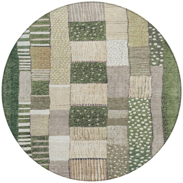 HomeRoots 5' Olive Green Beige Ivory Geometric Area Rug - Durable, Washable, Stylish for Indoor & Outdoor Use 8' Round 627292
