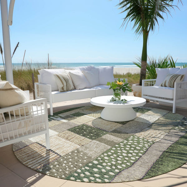 HomeRoots 5' Olive Green Beige Ivory Geometric Area Rug - Durable, Washable, Stylish for Indoor & Outdoor Use 8' Round 627292
