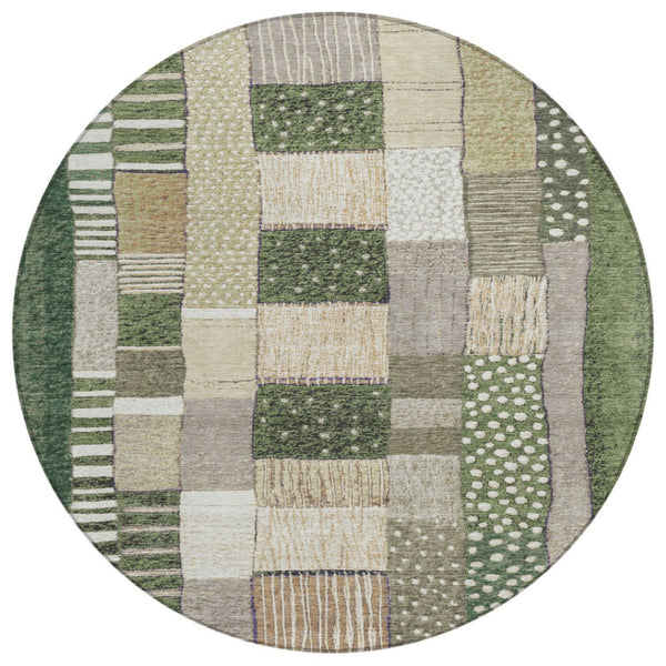 HomeRoots 5' Olive Green Beige Ivory Geometric Area Rug - Durable, Washable, Stylish for Indoor & Outdoor Use 8' Round 627292