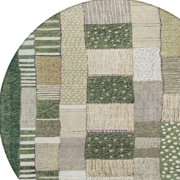 HomeRoots 5' Olive Green Beige Ivory Geometric Area Rug - Durable, Washable, Stylish for Indoor & Outdoor Use 8' Round 627292
