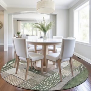 HomeRoots 5' Olive Green Beige Ivory Geometric Area Rug - Durable, Washable, Stylish for Indoor & Outdoor Use 8' Round 627292