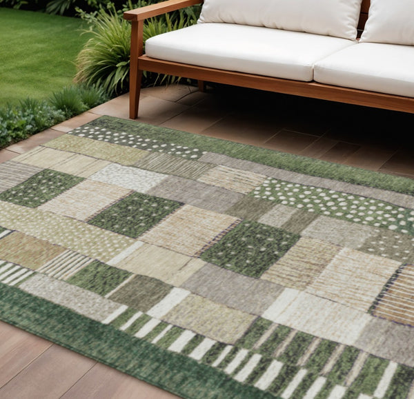 HomeRoots 5' Olive Green Beige Ivory Geometric Area Rug - Durable, Washable, Stylish for Indoor & Outdoor Use 8' X 10' 627293