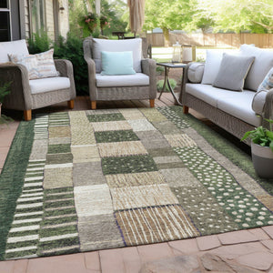 HomeRoots 5' Olive Green Beige Ivory Geometric Area Rug - Durable, Washable, Stylish for Indoor & Outdoor Use 10' X 14' 627295