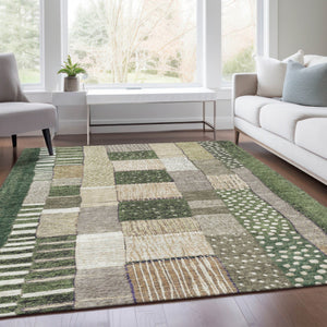 HomeRoots 5' Olive Green Beige Ivory Geometric Area Rug - Durable, Washable, Stylish for Indoor & Outdoor Use 10' X 14' 627295