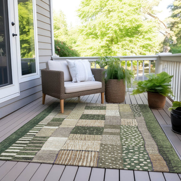 HomeRoots 5' Olive Green Beige Ivory Geometric Area Rug - Durable, Washable, Stylish for Indoor & Outdoor Use 10' X 14' 627295
