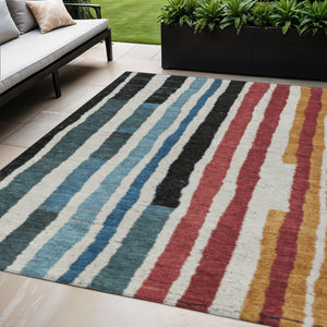 HomeRoots 5' Bold Striped Washable Area Rug in Black Denim Blue & Merlot for Indoor/Outdoor Spaces 5' X 8' 627297