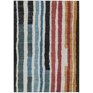HomeRoots 5' Bold Striped Washable Area Rug in Black Denim Blue & Merlot for Indoor/Outdoor Spaces 5' X 8' 627297