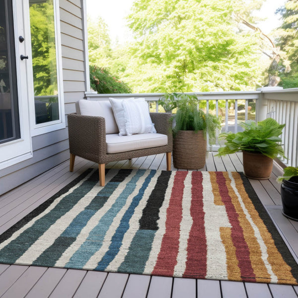 HomeRoots 5' Bold Striped Washable Area Rug in Black Denim Blue & Merlot for Indoor/Outdoor Spaces 5' X 8' 627297