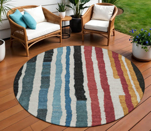 HomeRoots 5' Bold Striped Washable Area Rug in Black Denim Blue & Merlot for Indoor/Outdoor Spaces 8' Round 627298