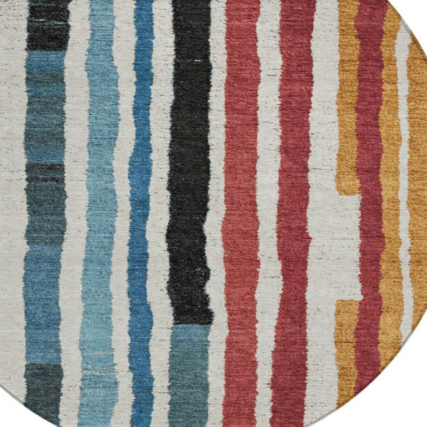 HomeRoots 5' Bold Striped Washable Area Rug in Black Denim Blue & Merlot for Indoor/Outdoor Spaces 8' Round 627298