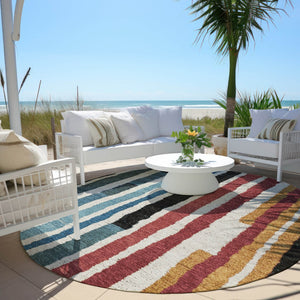 HomeRoots 5' Bold Striped Washable Area Rug in Black Denim Blue & Merlot for Indoor/Outdoor Spaces 8' Round 627298