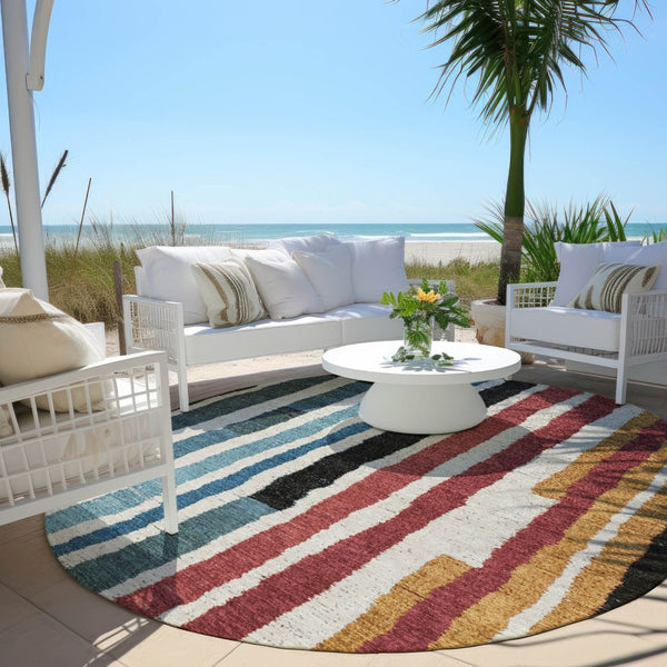 HomeRoots 5' Bold Striped Washable Area Rug in Black Denim Blue & Merlot for Indoor/Outdoor Spaces 8' Round 627298