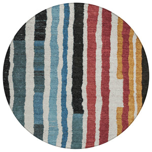 HomeRoots 5' Bold Striped Washable Area Rug in Black Denim Blue & Merlot for Indoor/Outdoor Spaces 8' Round 627298