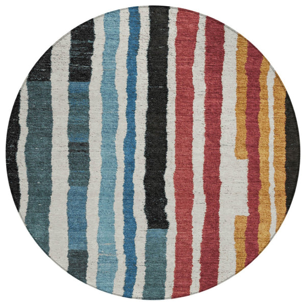 HomeRoots 5' Bold Striped Washable Area Rug in Black Denim Blue & Merlot for Indoor/Outdoor Spaces 8' Round 627298