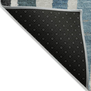 HomeRoots 5' Bold Striped Washable Area Rug in Black Denim Blue & Merlot for Indoor/Outdoor Spaces 8' Round 627298