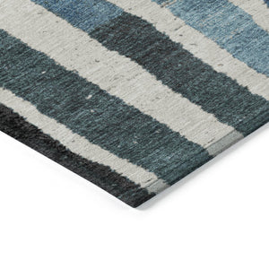 HomeRoots 5' Bold Striped Washable Area Rug in Black Denim Blue & Merlot for Indoor/Outdoor Spaces 8' Round 627298
