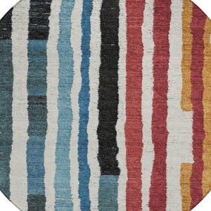 HomeRoots 5' Bold Striped Washable Area Rug in Black Denim Blue & Merlot for Indoor/Outdoor Spaces 8' Round 627298