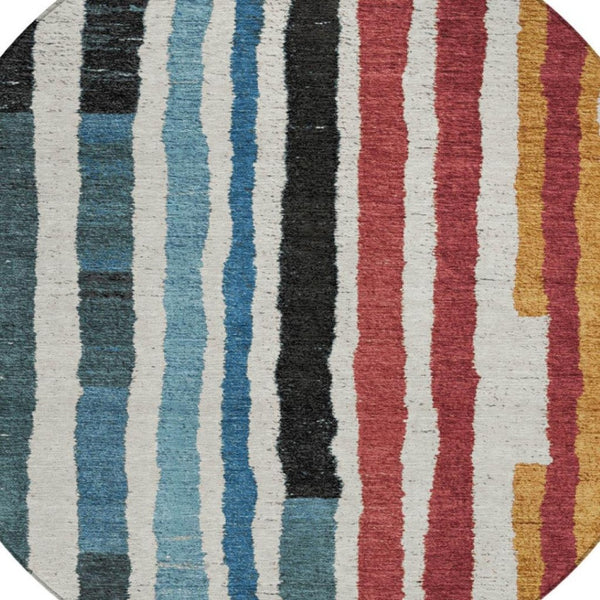 HomeRoots 5' Bold Striped Washable Area Rug in Black Denim Blue & Merlot for Indoor/Outdoor Spaces 8' Round 627298