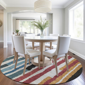 HomeRoots 5' Bold Striped Washable Area Rug in Black Denim Blue & Merlot for Indoor/Outdoor Spaces 8' Round 627298