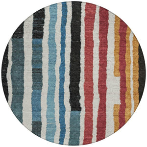 HomeRoots 5' Bold Striped Washable Area Rug in Black Denim Blue & Merlot for Indoor/Outdoor Spaces 8' Round 627298