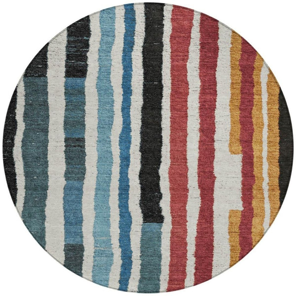 HomeRoots 5' Bold Striped Washable Area Rug in Black Denim Blue & Merlot for Indoor/Outdoor Spaces 8' Round 627298