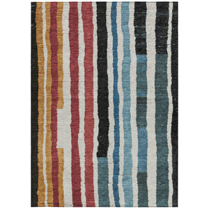 HomeRoots 5' Bold Striped Washable Area Rug in Black Denim Blue & Merlot for Indoor/Outdoor Spaces 8' X 10' 627299
