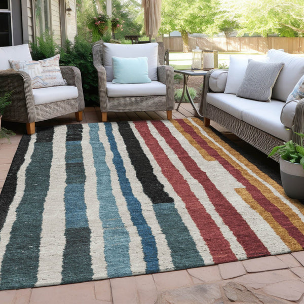 HomeRoots 5' Bold Striped Washable Area Rug in Black Denim Blue & Merlot for Indoor/Outdoor Spaces 8' X 10' 627299