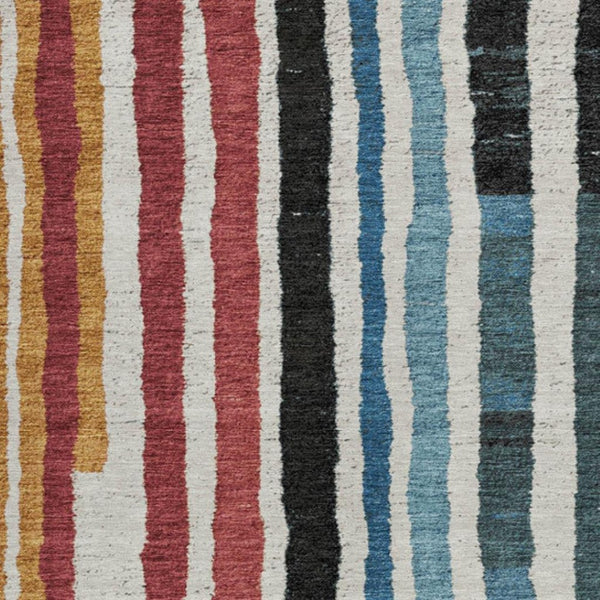 HomeRoots 5' Bold Striped Washable Area Rug in Black Denim Blue & Merlot for Indoor/Outdoor Spaces 8' X 10' 627299