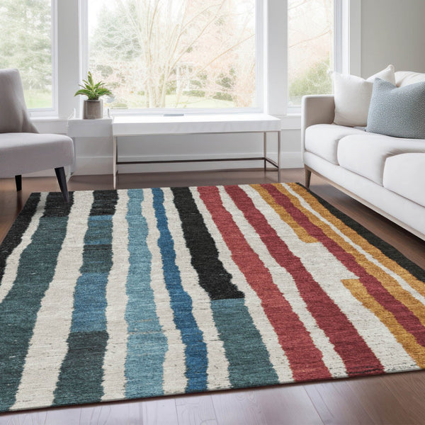 HomeRoots 5' Bold Striped Washable Area Rug in Black Denim Blue & Merlot for Indoor/Outdoor Spaces 8' X 10' 627299