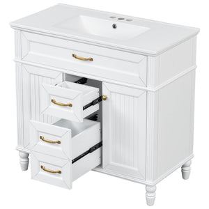 English Elm 36 Inch Bathroom Vanity with Ceramic Sink, Durable MDF & Solid Wood Frame, Soft-Close Doors, Luxe Handles, Ample Organized Storage, Modern Freestanding Design White N725P314034K