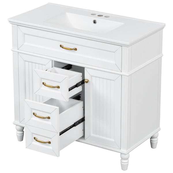 English Elm 36 Inch Bathroom Vanity with Ceramic Sink, Durable MDF & Solid Wood Frame, Soft-Close Doors, Luxe Handles, Ample Organized Storage, Modern Freestanding Design White N725P314034K