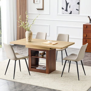 English Elm Scalable Extendable Dining Set Four Chairs Linen Upholstered Walnut Base Modern Black,Walnut,Warm Grey,Wood W1151S04681