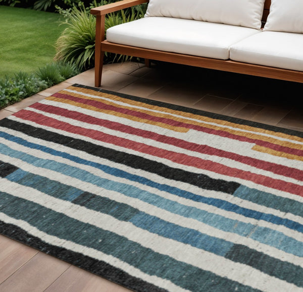 HomeRoots 5' Bold Striped Washable Area Rug in Black Denim Blue & Merlot for Indoor/Outdoor Spaces 10' X 14' 627301