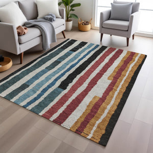 HomeRoots 5' Bold Striped Washable Area Rug in Black Denim Blue & Merlot for Indoor/Outdoor Spaces 10' X 14' 627301