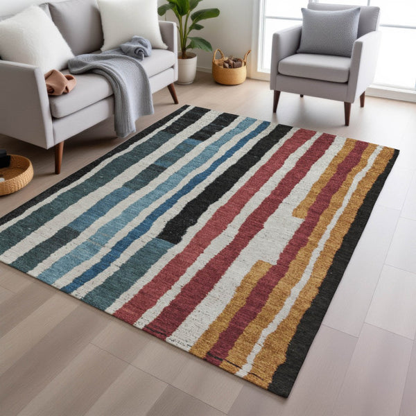 HomeRoots 5' Bold Striped Washable Area Rug in Black Denim Blue & Merlot for Indoor/Outdoor Spaces 10' X 14' 627301