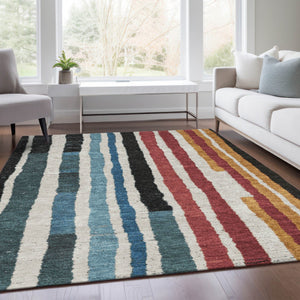 HomeRoots 5' Bold Striped Washable Area Rug in Black Denim Blue & Merlot for Indoor/Outdoor Spaces 10' X 14' 627301