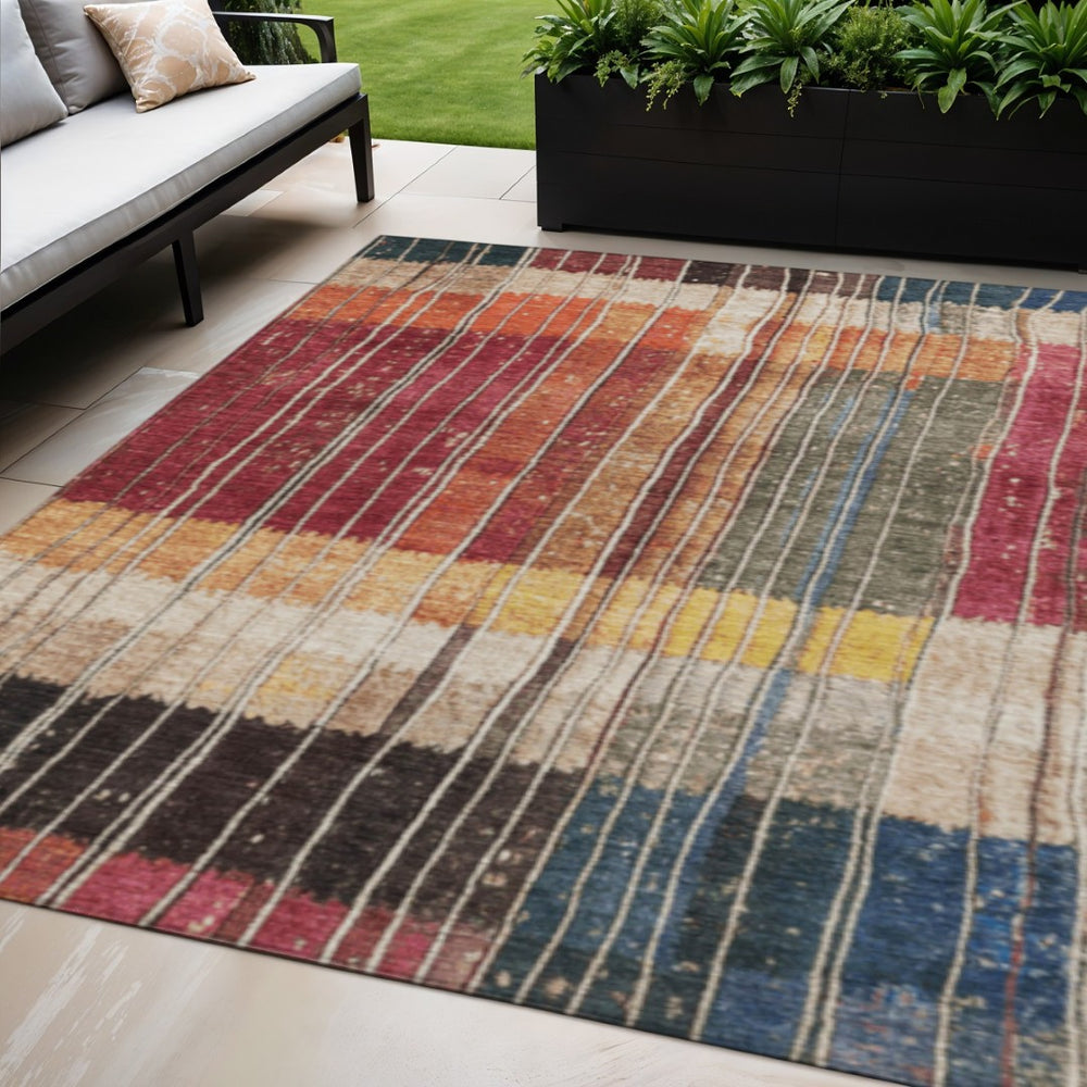 HomeRoots 5' Durable Indoor Outdoor Striped Area Rug in Beige, Red, and Yellow – Easy Care & Stylish Design 5' X 8' 627333