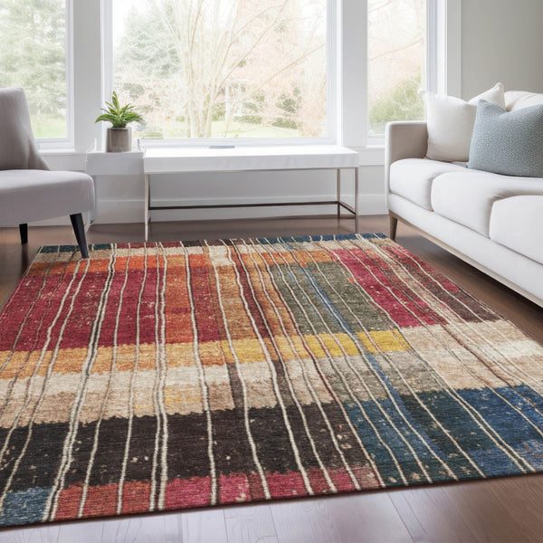 HomeRoots 5' Durable Indoor Outdoor Striped Area Rug in Beige, Red, and Yellow – Easy Care & Stylish Design 5' X 8' 627333