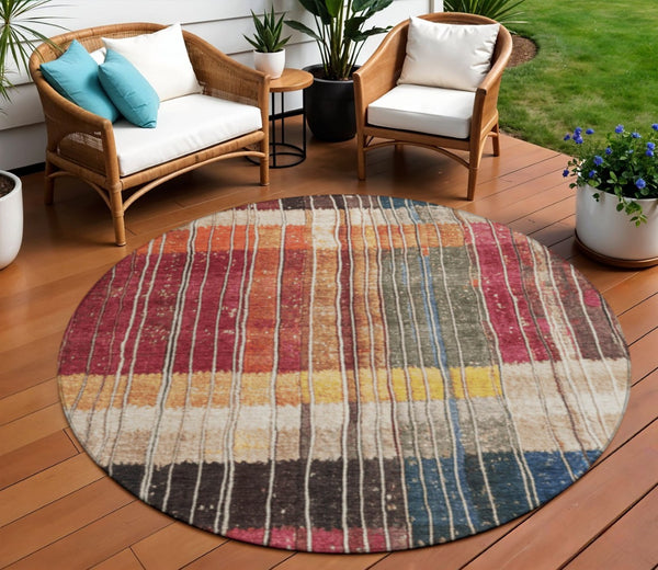 HomeRoots 5' Durable Indoor Outdoor Striped Area Rug in Beige, Red, and Yellow – Easy Care & Stylish Design 8' Round 627334