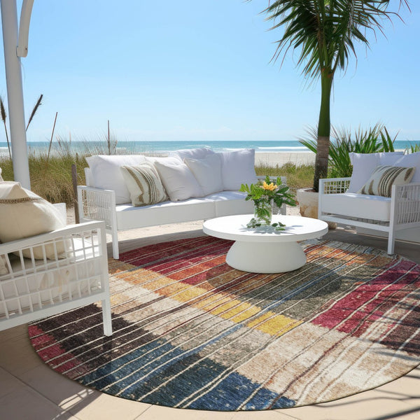 HomeRoots 5' Durable Indoor Outdoor Striped Area Rug in Beige, Red, and Yellow – Easy Care & Stylish Design 8' Round 627334