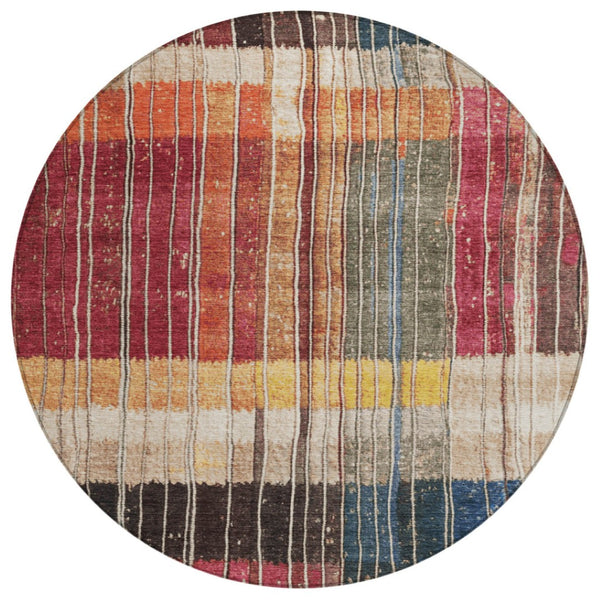 HomeRoots 5' Durable Indoor Outdoor Striped Area Rug in Beige, Red, and Yellow – Easy Care & Stylish Design 8' Round 627334