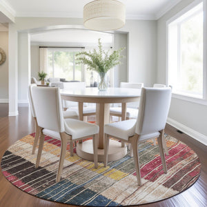 HomeRoots 5' Durable Indoor Outdoor Striped Area Rug in Beige, Red, and Yellow – Easy Care & Stylish Design 8' Round 627334