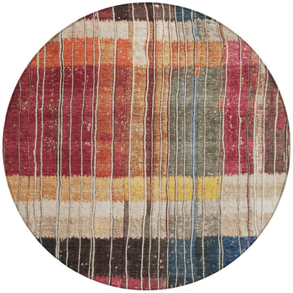 HomeRoots 5' Durable Indoor Outdoor Striped Area Rug in Beige, Red, and Yellow – Easy Care & Stylish Design 8' Round 627334