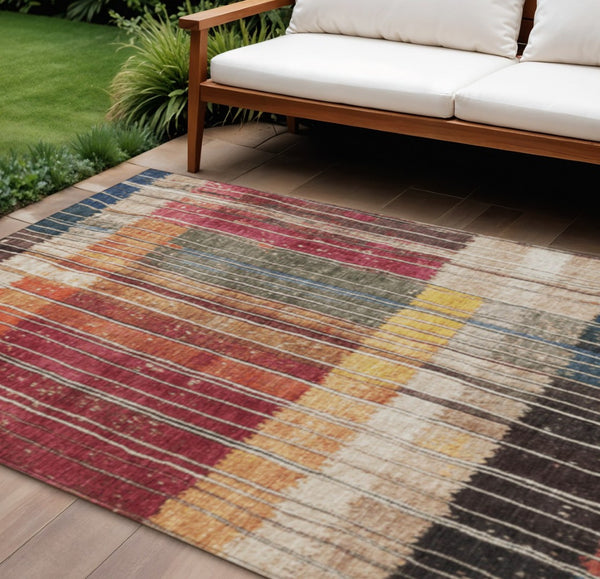 HomeRoots 5' Durable Indoor Outdoor Striped Area Rug in Beige, Red, and Yellow – Easy Care & Stylish Design 8' X 10' 627335